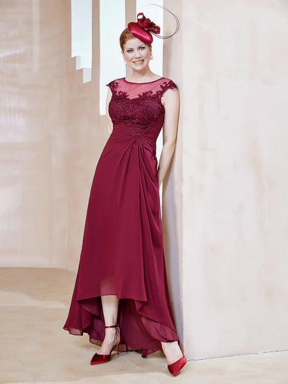 Illusion Lace Neckline Asymmetrical A-Line Dress Burgundy