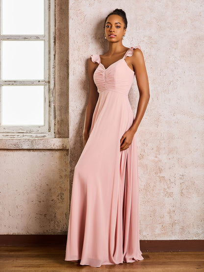 Ruched Straps Sleeveless A-line Chiffon Bridesmaid Dresses Dusty Rose
