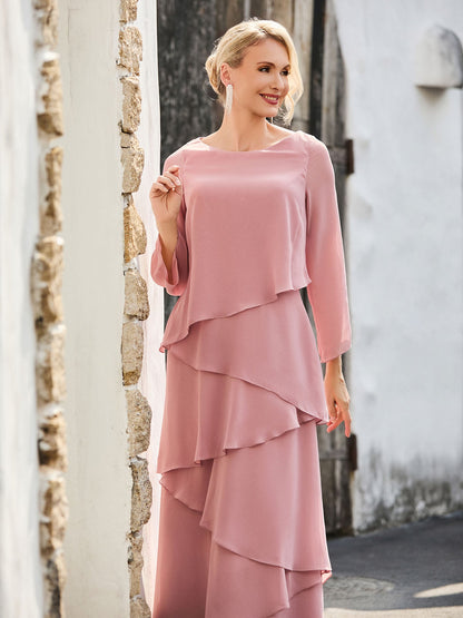 Long Sleeve Chiffon Dress with Cascading Ruffles Dusty Rose