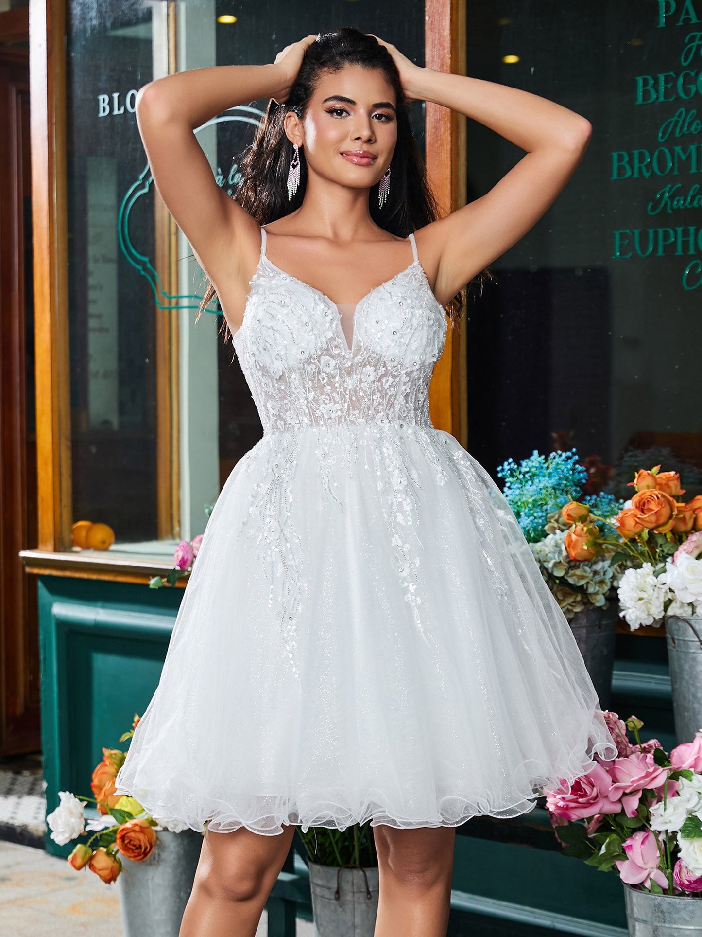 Spaghetti Straps V-neck Applique A-line Tulle Mini Dress White