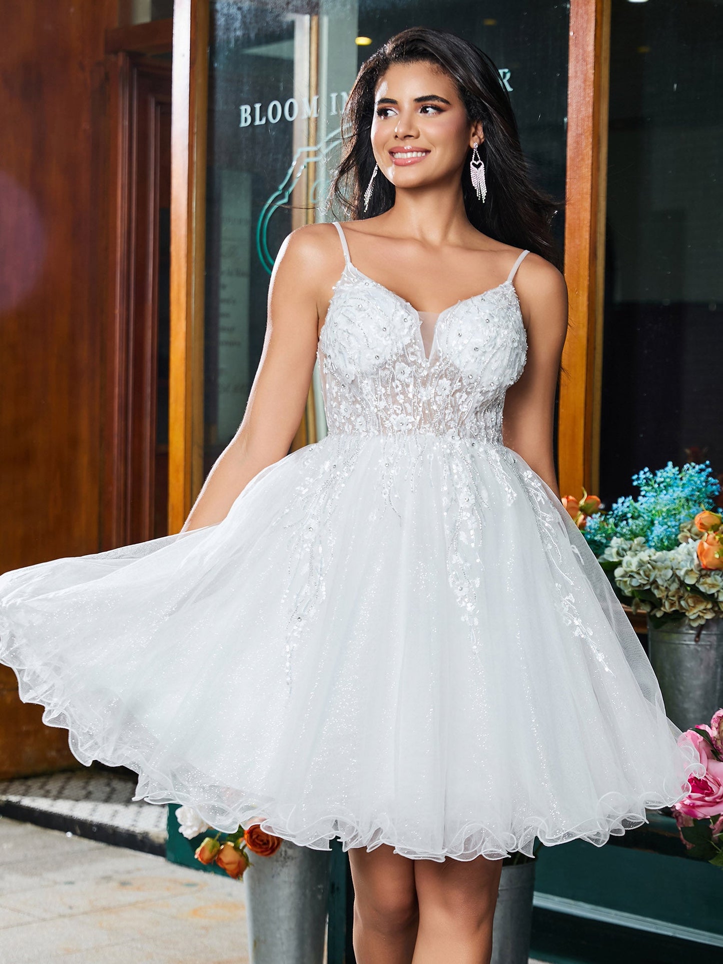 Spaghetti Straps V-neck Applique A-line Tulle Mini Dress White
