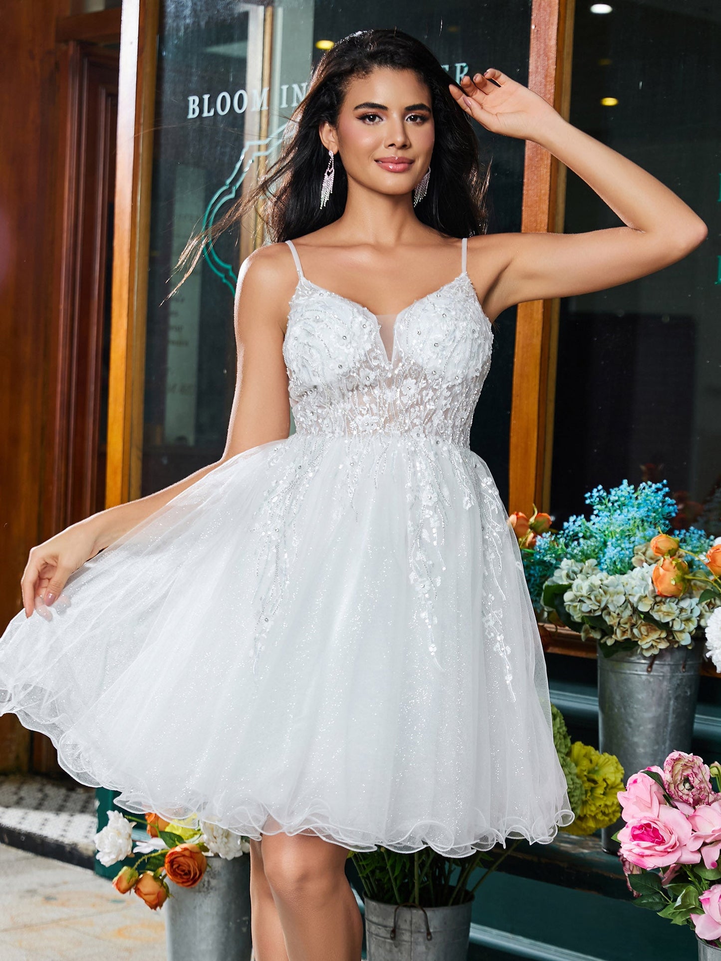 Spaghetti Straps V-neck Applique A-line Tulle Mini Dress White