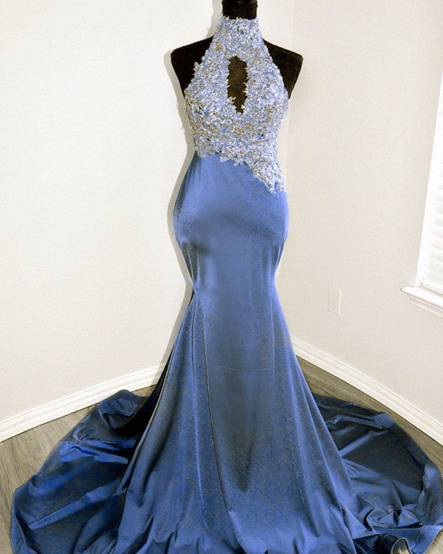 Magenta Mermaid Lace Applique Halter Prom Dresses