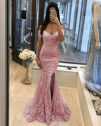 Off The Shoulder Lace Mermaid Prom Dresses With Slit