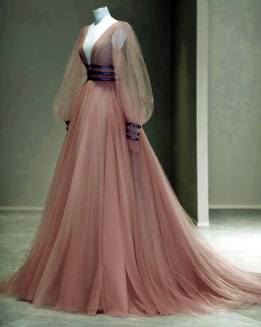 Long Sleeves Prom Dresses Tulle V Neck