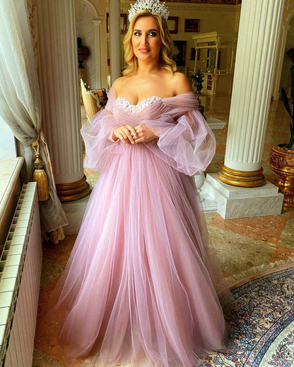 Dusty Pink Boho Wedding Dresses Tulle Long Sleeves Off The Shoulder