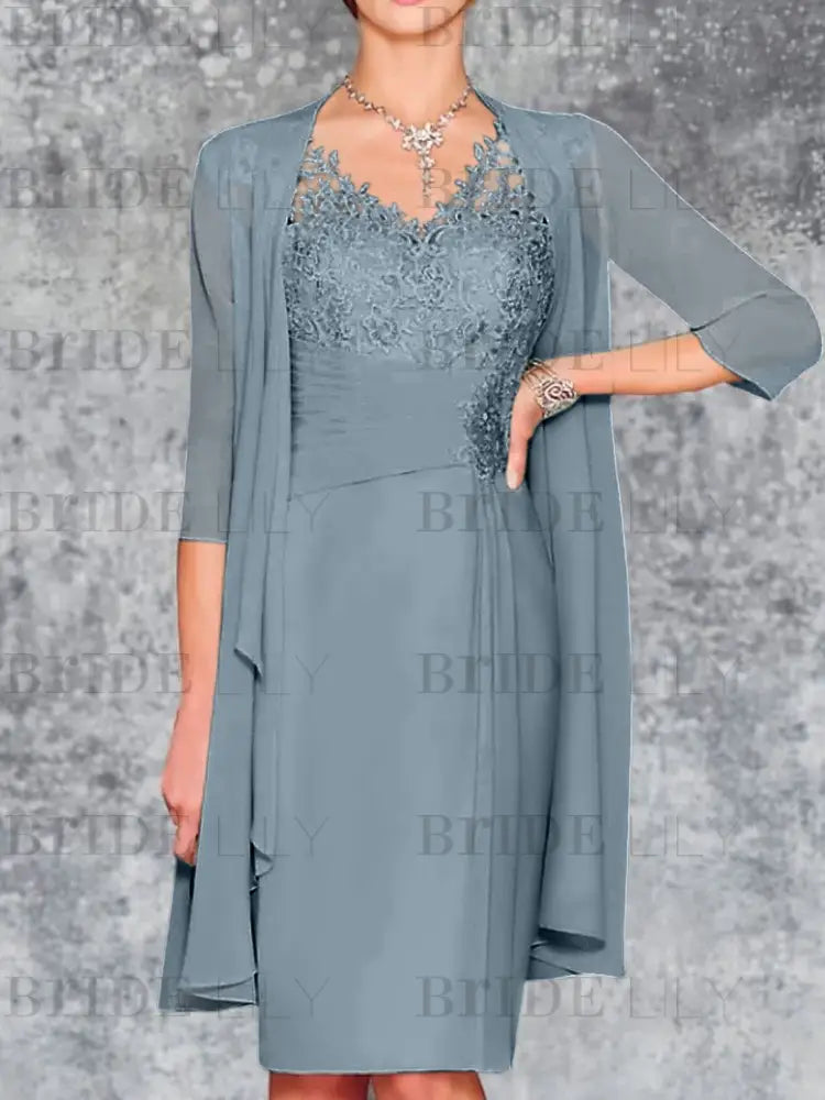Two Piece Ruffle Chiffon Mother of the Bride Outfit Lace Short Wedding Guest Dress