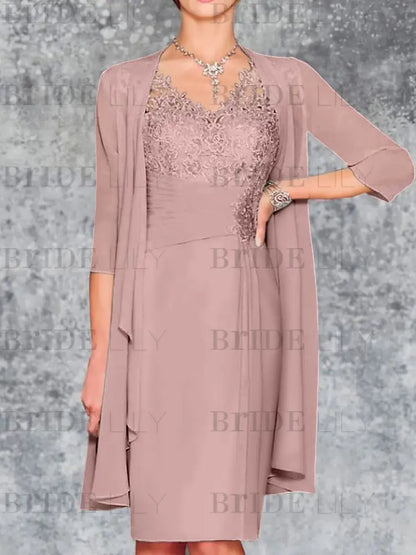Two Piece Ruffle Chiffon Mother of the Bride Outfit Lace Short Wedding Guest Dress