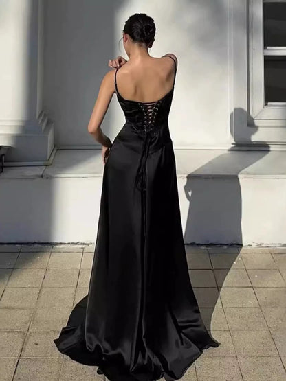 Pretty A line Spaghetti Straps Pink Satin Long Party Dresses Prom Dresses SD2705