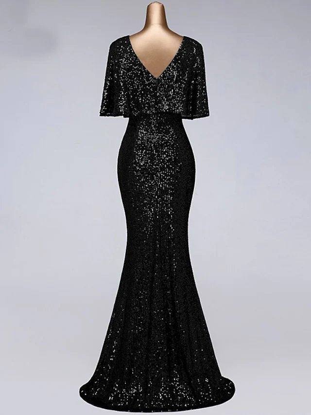 Mermaid / Trumpet Sparkle Elegant Prom Formal Evening Dress Illusion Neck Half Sleeve Floor Length Sequined with Sequin Ruffles - RongMoon