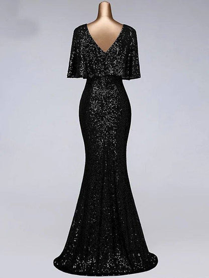 Mermaid / Trumpet Sparkle Elegant Prom Formal Evening Dress Illusion Neck Half Sleeve Floor Length Sequined with Sequin Ruffles - RongMoon
