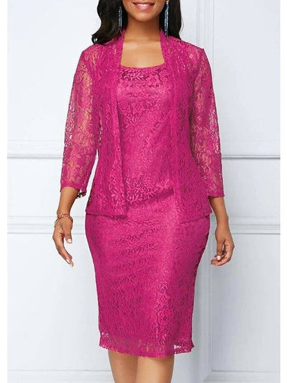 Two Piece Sheath / Column Mother of the Bride Dress Wrap Included Scoop Neck Knee Length Lace Satin 3/4 Length Sleeve with Split Front - RongMoon