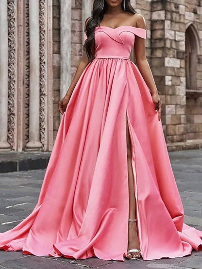 A-Line Minimalist Elegant Wedding Guest Prom Dress Off Shoulder Sleeveless Court Train Sweep / Brush Train Satin with Pleats Split - RongMoon