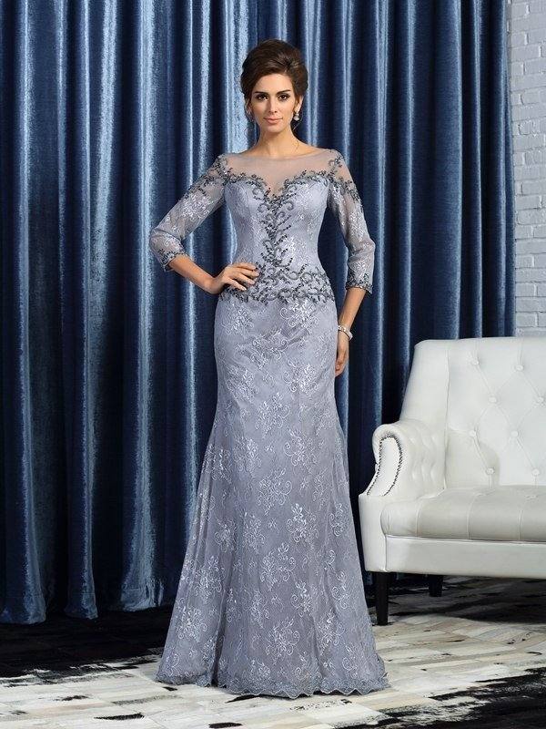 Trumpet/Mermaid Bateau Beading 3/4 Sleeves Long Lace Mother of the Bride Dresses - RongMoon