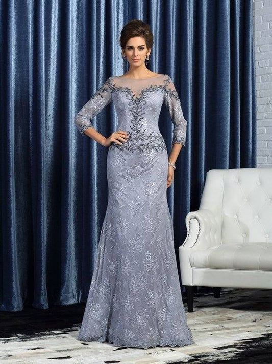 Trumpet/Mermaid Bateau Beading 3/4 Sleeves Long Lace Mother of the Bride Dresses - RongMoon