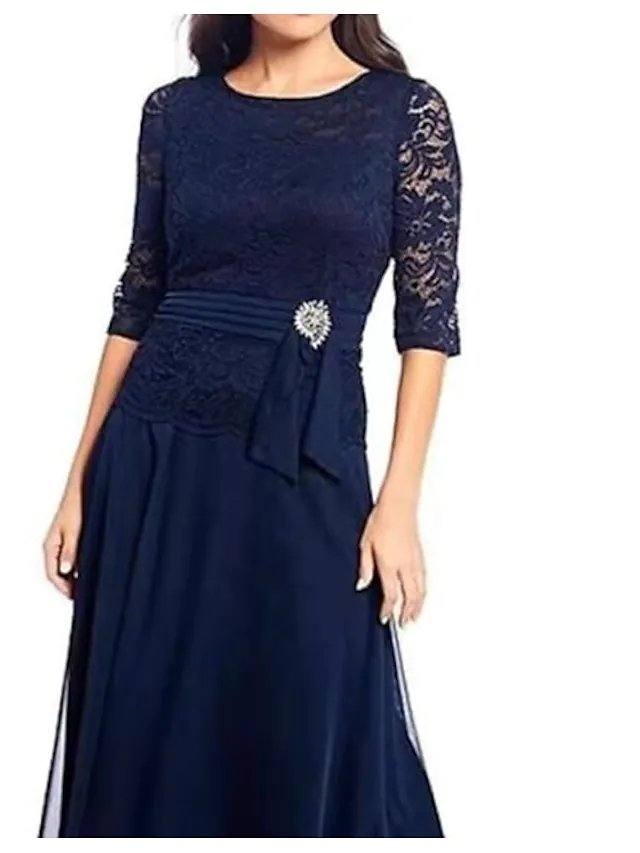 A-Line Mother of the Bride Dress Elegant Sexy Jewel Neck Ankle Length Chiffon Lace Half Sleeve with Sash / Ribbon Crystals - RongMoon