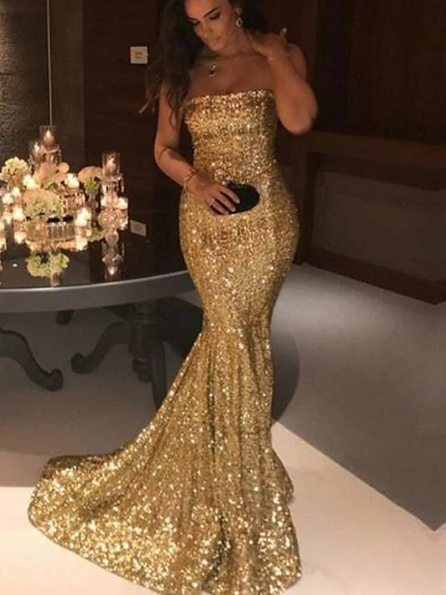 Mermaid / Trumpet Glittering Sexy Engagement Formal Evening Valentine's Day Dress Off Shoulder Sleeveless Sweep / Brush Train Sequined with Sequin - RongMoon