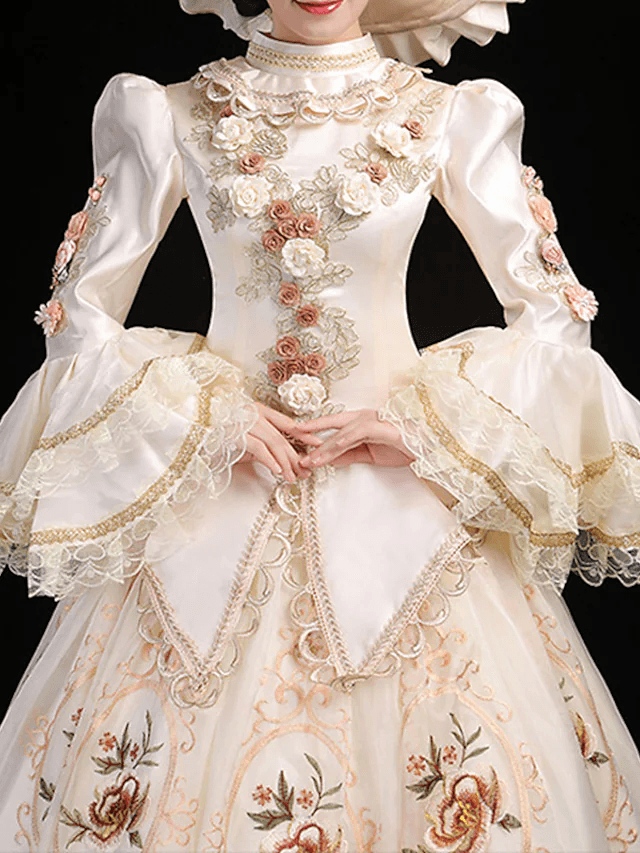 Ball Gown Elegant Vintage Halloween Quinceanera Dress High Neck Long Sleeve Floor Length Satin with Lace Insert Appliques - RongMoon