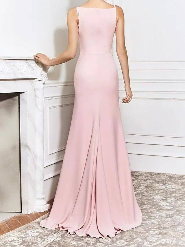 Sheath / Column Elegant Wedding Guest Formal Evening Dress Boat Neck Sleeveless Sweep / Brush Train Polyester with Split - RongMoon