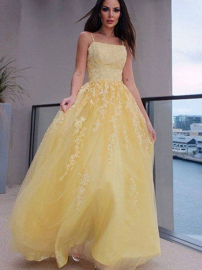 A-Line/Princess Spaghetti Straps Applique Sleeveless Tulle Floor-Length Dresses - RongMoon