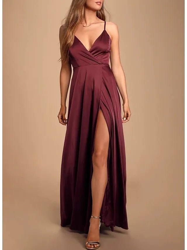 A-Line Elegant Wedding Guest Prom Formal Evening Dress Spaghetti Strap Sleeveless Floor Length Satin with Pleats Split - RongMoon