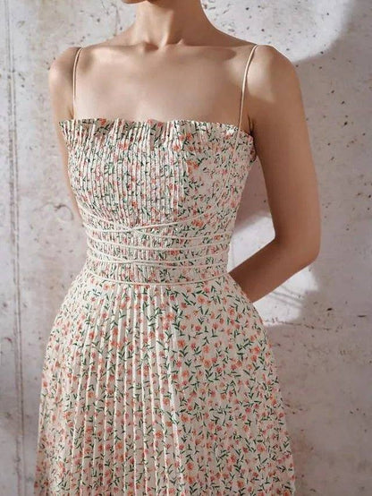 A-Line Minimalist Floral Holiday Prom Dress Spaghetti Strap Sleeveless Tea Length Polyster with Pleats Pattern / Print - RongMoon