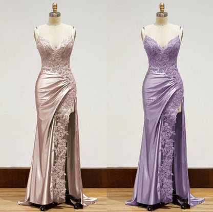 Elegant Spaghetti Straps Prom Dress Black SatinSheath  Appliques Long Formal Evening with Slits ED001