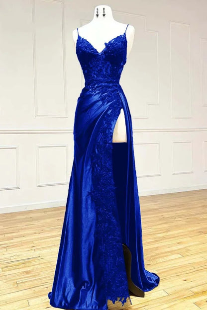Elegant Spaghetti Straps Prom Dress Black SatinSheath  Appliques Long Formal Evening with Slits ED001