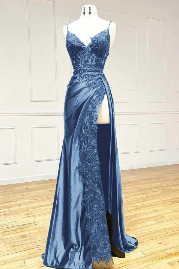 Elegant Spaghetti Straps Prom Dress Black SatinSheath  Appliques Long Formal Evening with Slits ED001