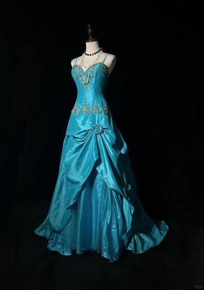 Blue A-Line Spaghetti Straps Satin Beaded Long Prom Dress Sweetheart Neck Applique Graduation Prom Dress ED01627
