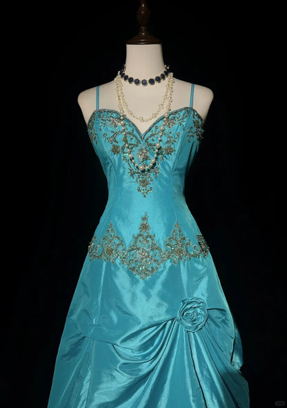 Blue A-Line Spaghetti Straps Satin Beaded Long Prom Dress Sweetheart Neck Applique Graduation Prom Dress ED01627