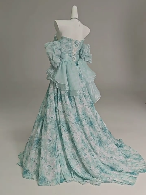 Blue Floral A-Line Strapless Organza Long Prom Dress Graduation Prom Dress ED01628
