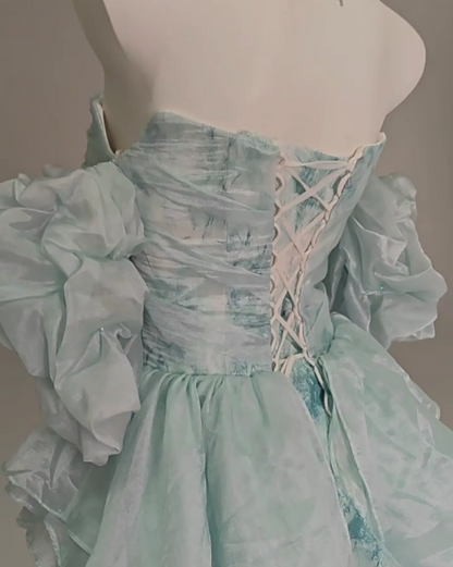 Blue Floral A-Line Strapless Organza Long Prom Dress Graduation Prom Dress ED01628