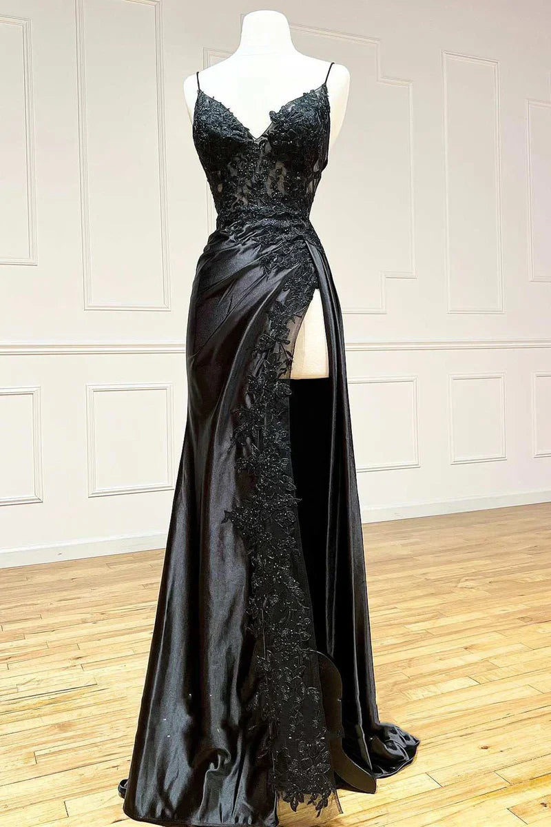 Elegant Spaghetti Straps Prom Dress Black SatinSheath  Appliques Long Formal Evening with Slits ED001