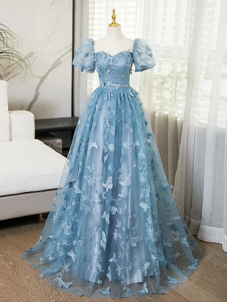 A-Line Puff Sleeves Lace Gray Blue Long Prom Dress, Gray Blue Formal Dress ED01098