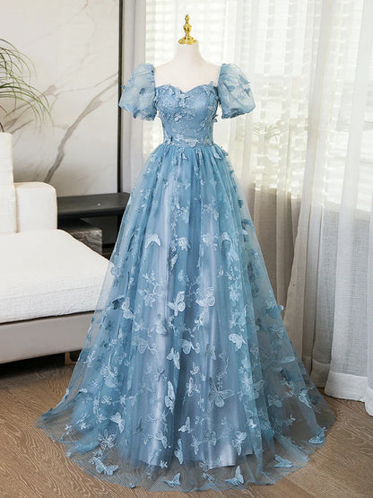 A-Line Puff Sleeves Lace Gray Blue Long Prom Dress, Gray Blue Formal Dress ED01098