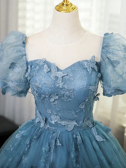 A-Line Puff Sleeves Lace Gray Blue Long Prom Dress, Gray Blue Formal Dress ED01098