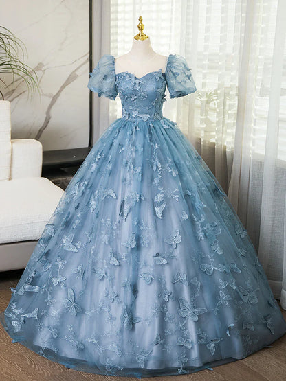A-Line Puff Sleeves Lace Gray Blue Long Prom Dress, Gray Blue Formal Dress ED01098