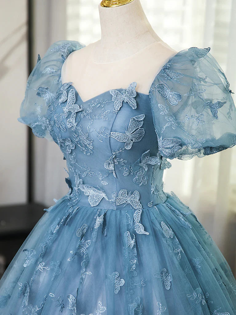 A-Line Puff Sleeves Lace Gray Blue Long Prom Dress, Gray Blue Formal Dress ED01098