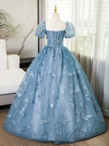 A-Line Puff Sleeves Lace Gray Blue Long Prom Dress, Gray Blue Formal Dress ED01098