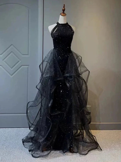 A-Line 🩵Midnight Blue Long Prom Dress for Quinceanera&Graduation -Halter Tulle&Sequin Formal Evening Dress ED01427