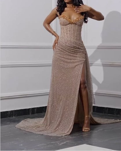 Fashion Prom Dress for Graduation & Quinceanera-Shiny Beaded Sequin Formal Evening Gown With Slit ED01240