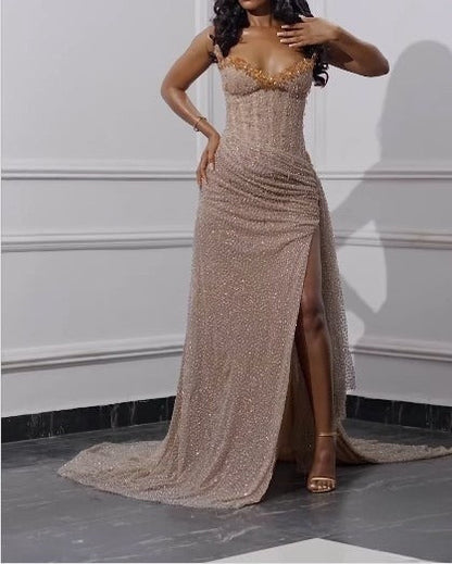 Fashion Prom Dress for Graduation & Quinceanera-Shiny Beaded Sequin Formal Evening Gown With Slit ED01240