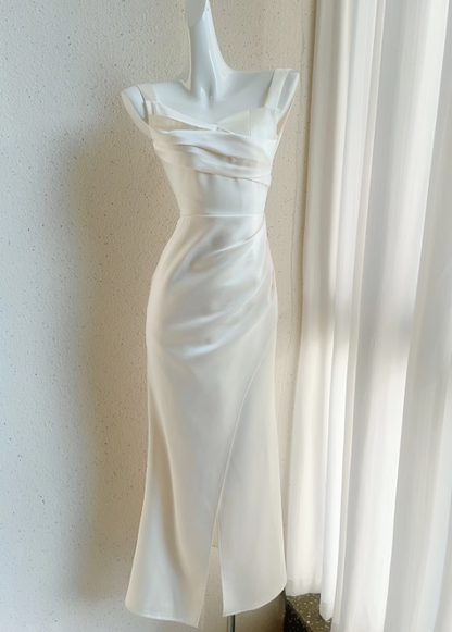 Off-white irregular suspender dress satin birthday party dress prom dress ED01251
