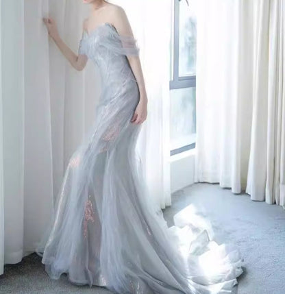 Purple💜 Sweetheart Sequin Mermaid Gown-Fairytale Beaded Tulle Train Long Prom Dress for Events ED01264