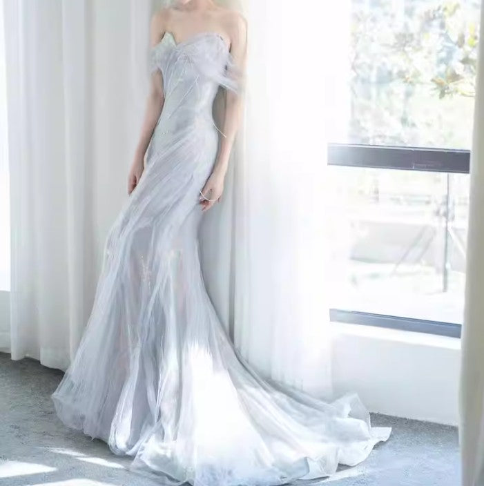 Purple💜 Sweetheart Sequin Mermaid Gown-Fairytale Beaded Tulle Train Long Prom Dress for Events ED01264