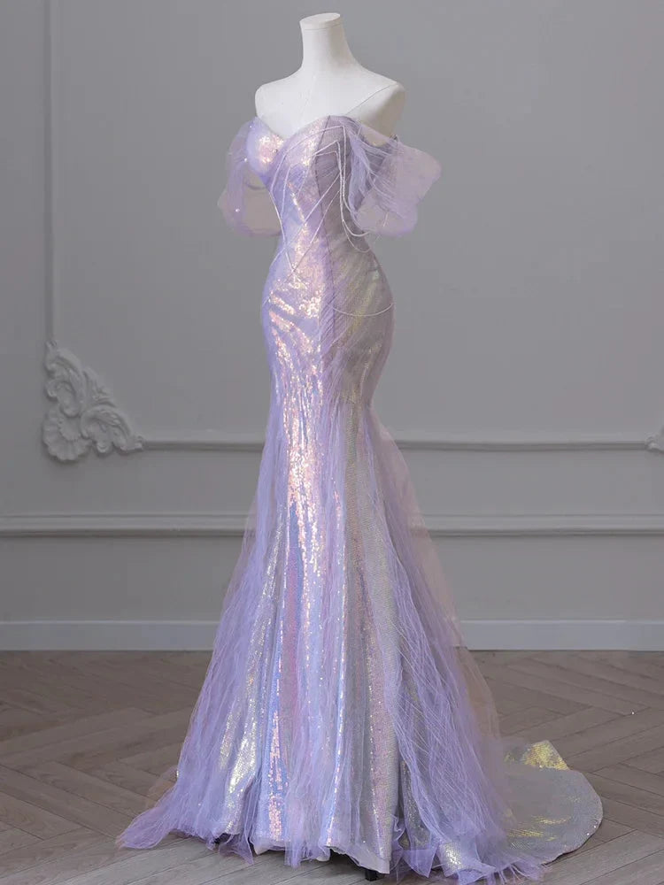Purple💜 Sweetheart Sequin Mermaid Gown-Fairytale Beaded Tulle Train Long Prom Dress for Events ED01264