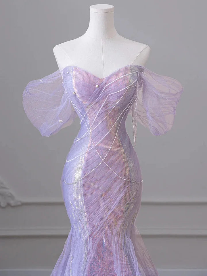 Purple💜 Sweetheart Sequin Mermaid Gown-Fairytale Beaded Tulle Train Long Prom Dress for Events ED01264
