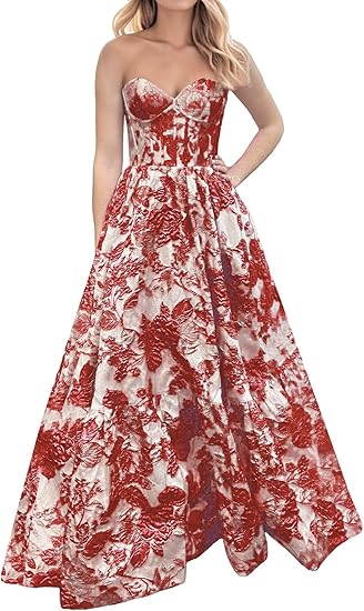 Pink A-Line Sweetheart Floral Printed Long Prom Dresses ED01313