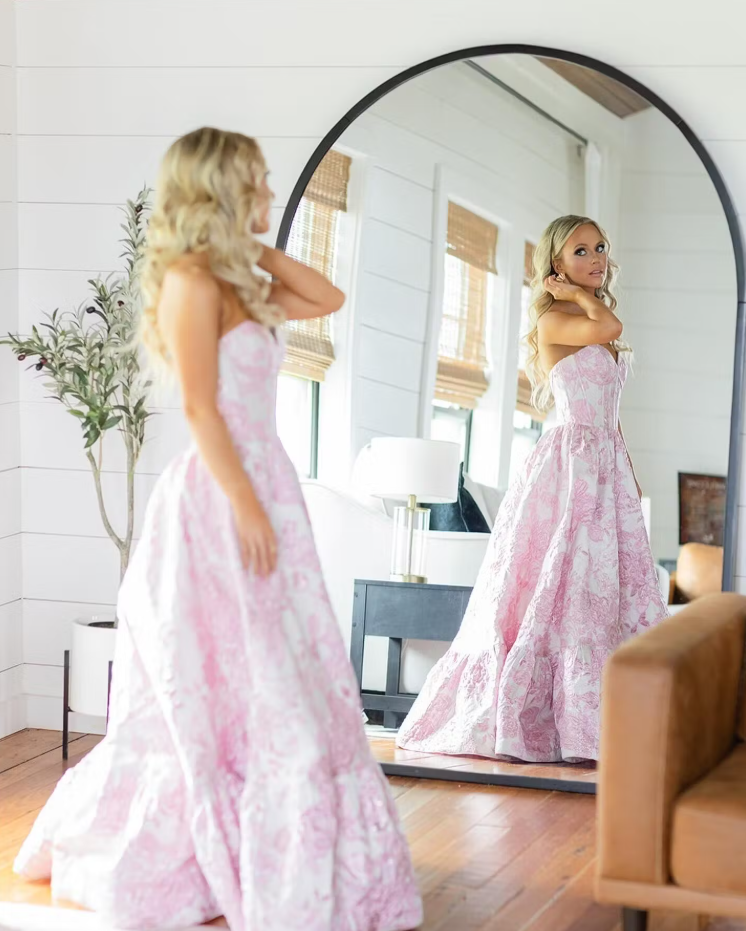 Pink A-Line Sweetheart Floral Printed Long Prom Dresses ED01313